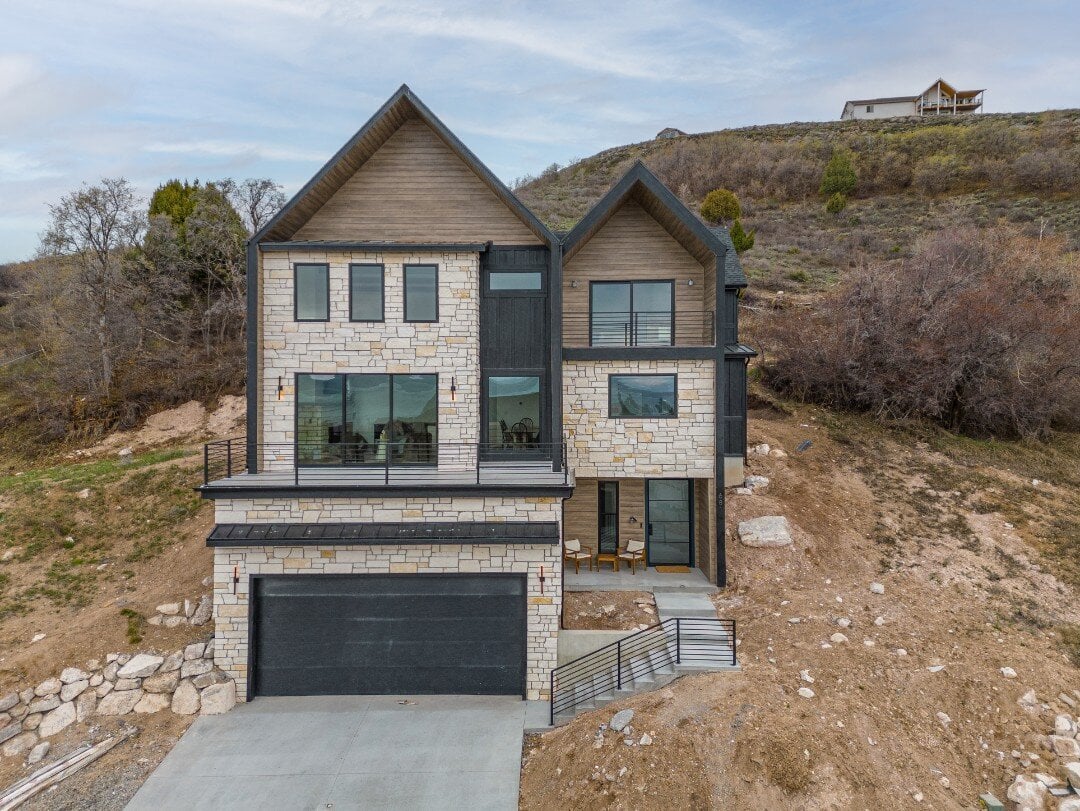 Aerial View of Bear Lake Custom Home, Garage, Driveway, and Walkway by 10X Builders